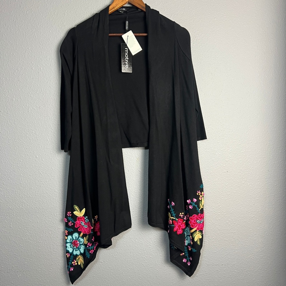 Motive Open Front Cardigan Floral Embroidered Draped Lightweight Hi Low Black S